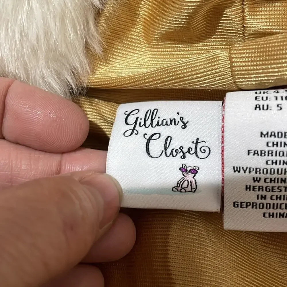 Gillian’s Closet 5 white fur gold trim front zip jacket and unicorn ears & horn